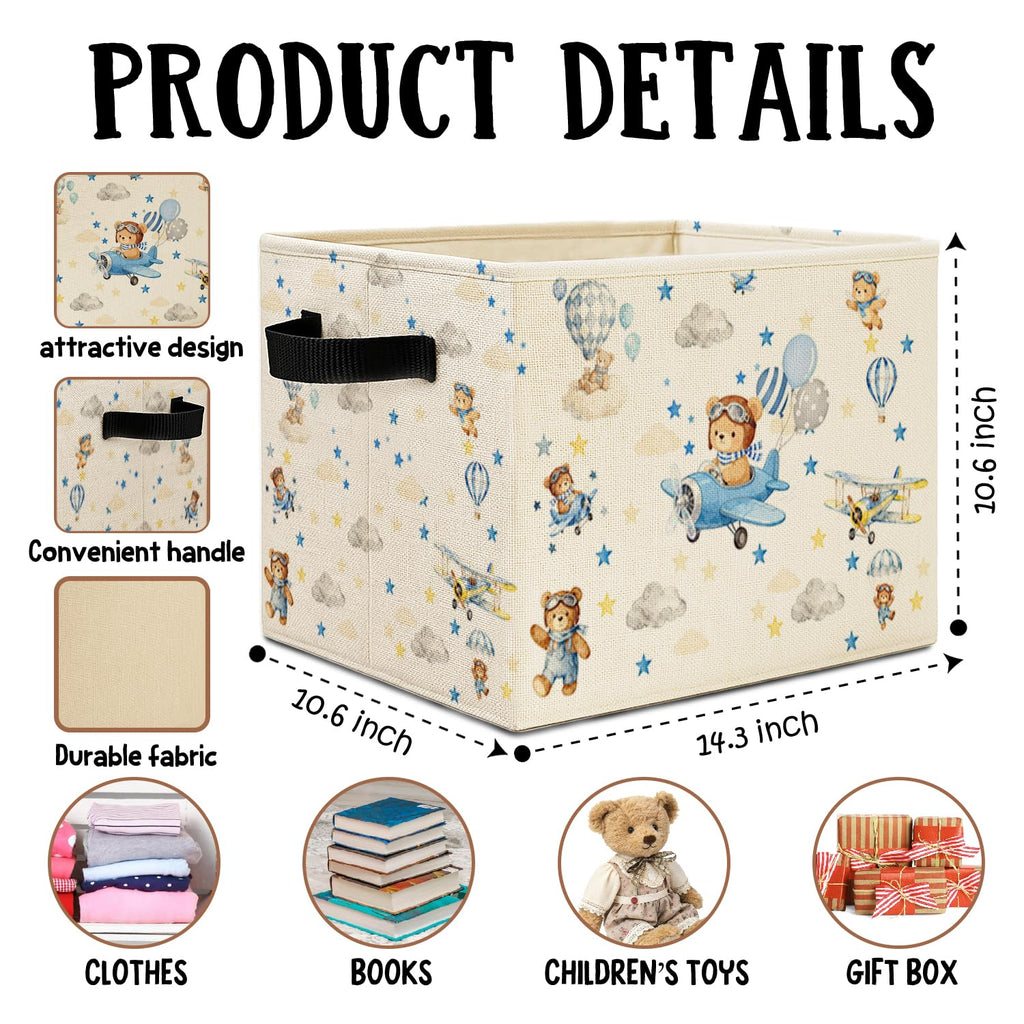 Blue Space Bear Storage Bins Box with Handles, Hot Air Balloon Bear Spaceman Laundry Basket Hamper Collapsible