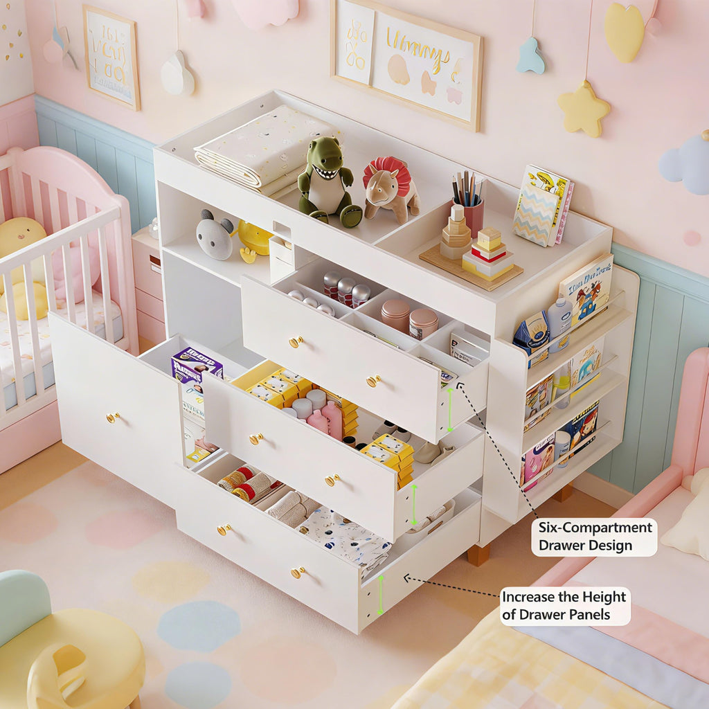 Wooden Baby Changing Table Dresser, Diaper Changing Table with Large Tabletop, 4 Drawers, Open Storage Space & Side