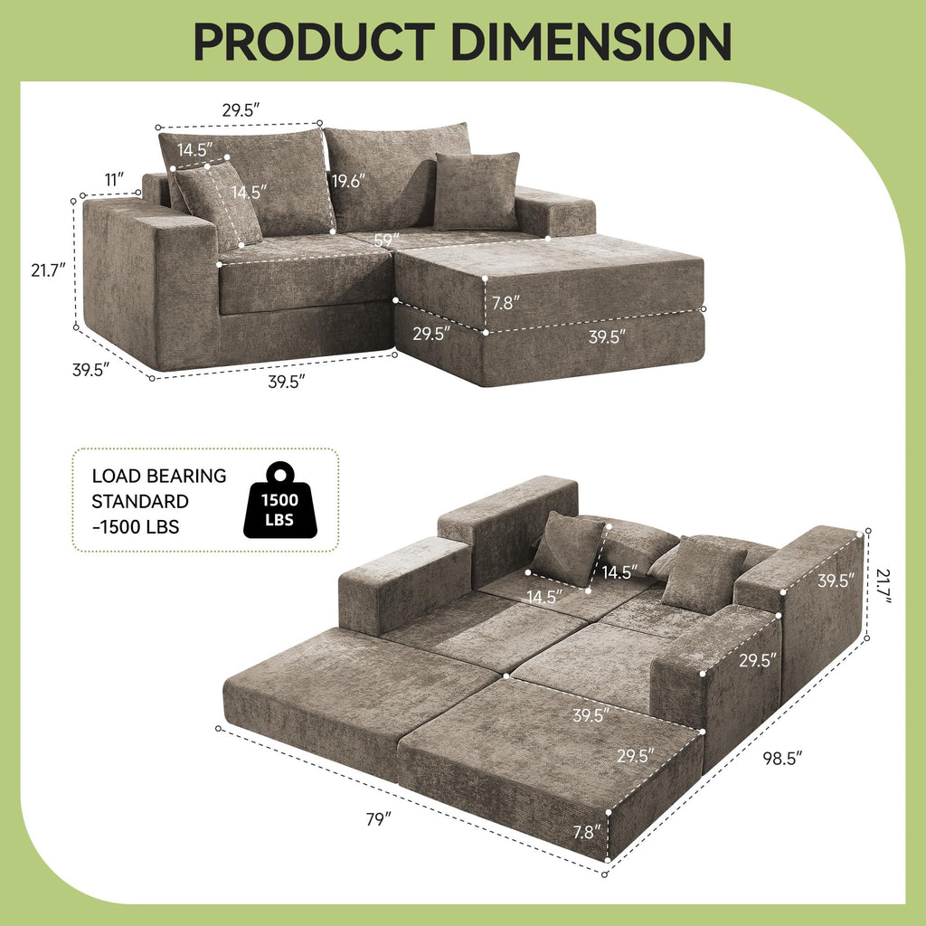 79" Boneless Cloud Modular Sectional Loveseat Sofa Couch, Brown