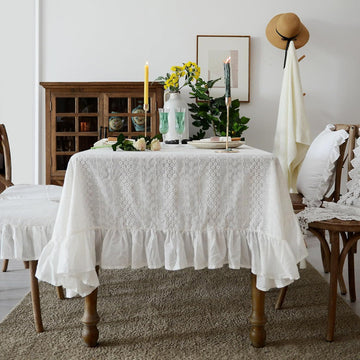 French White Cotton Tablecloth Ruffled Lace Embroidered Fabric Tablecloths Rustic Rectangular Washab