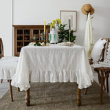 French White Cotton Tablecloth Ruffled Lace Embroidered Fabric Tablecloths Rustic Rectangular Washab