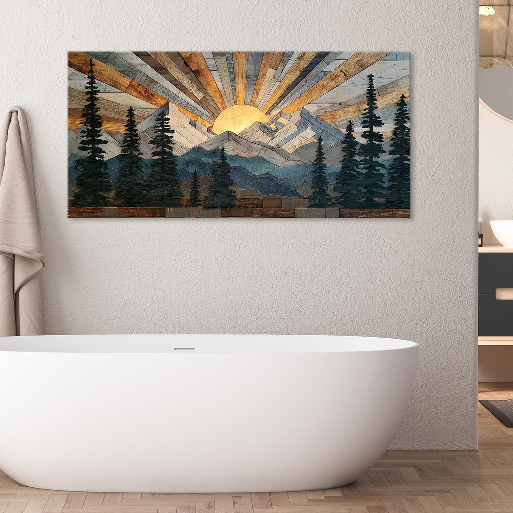Boho Rustic Farmhouse Mountain Wall Art Sunrise Pine Tree Forest Nature Scenery Paintings Pictures Wall Decor Wood