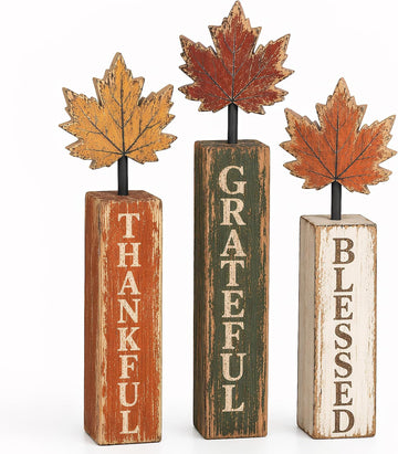 Fall Decorations Fall Table Decorations Blessed Grateful Thankful Wooden Block Sign, Thanksgiving Decorations - Set of 3