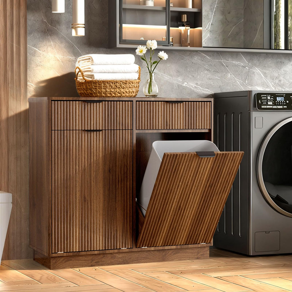 Double Tilt Out Trash Can Cabinet, Hidden Trash Cabinet with Storage Drawers, Walnut Laundry Hamper Cabinet with