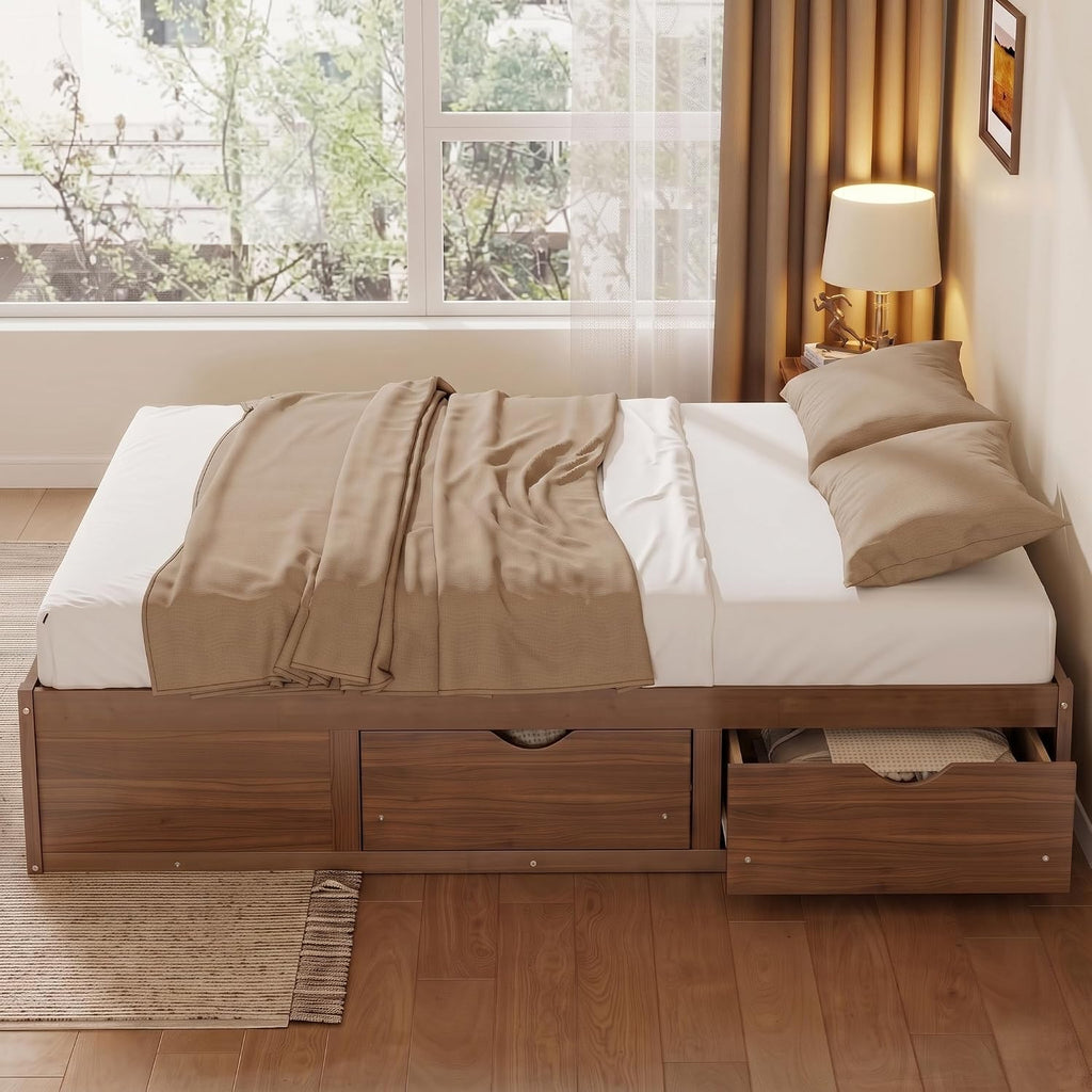 Queen Size Wood Japanese Bed Frame with 6 Storage Drawers