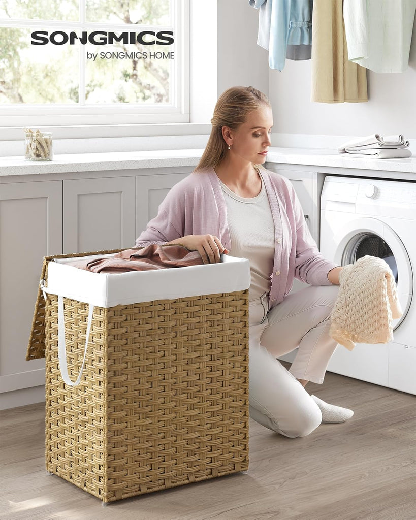 Laundry Hamper with Lid, 23.8 Gallon (90 L) Synthetic Rattan Clothes Laundry Basket with Lid and Handles, Foldable