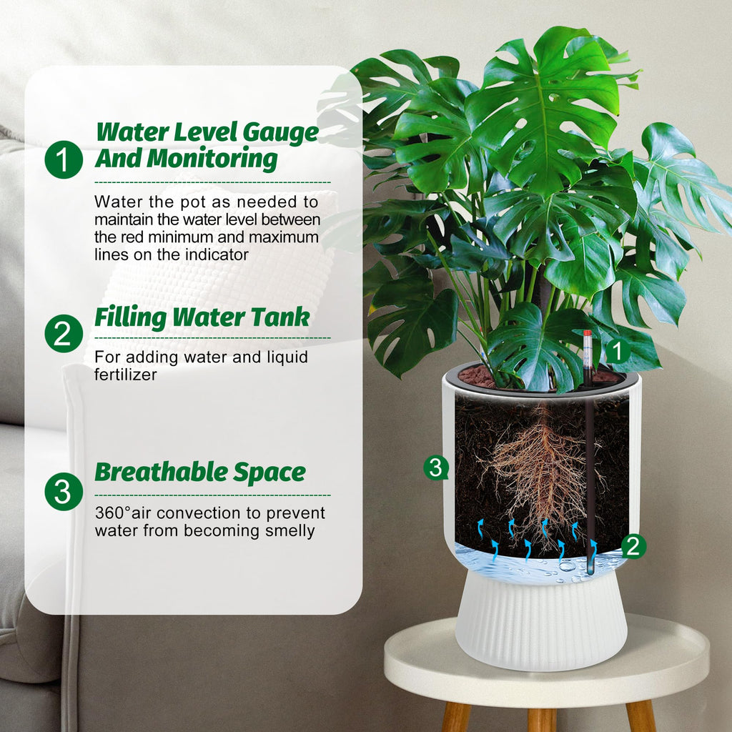 14.2 in Planters Set of 2, Outdoor&Indoor Black Planter Pots, Planter Pots with Inner Bucket and Water Level Monitor