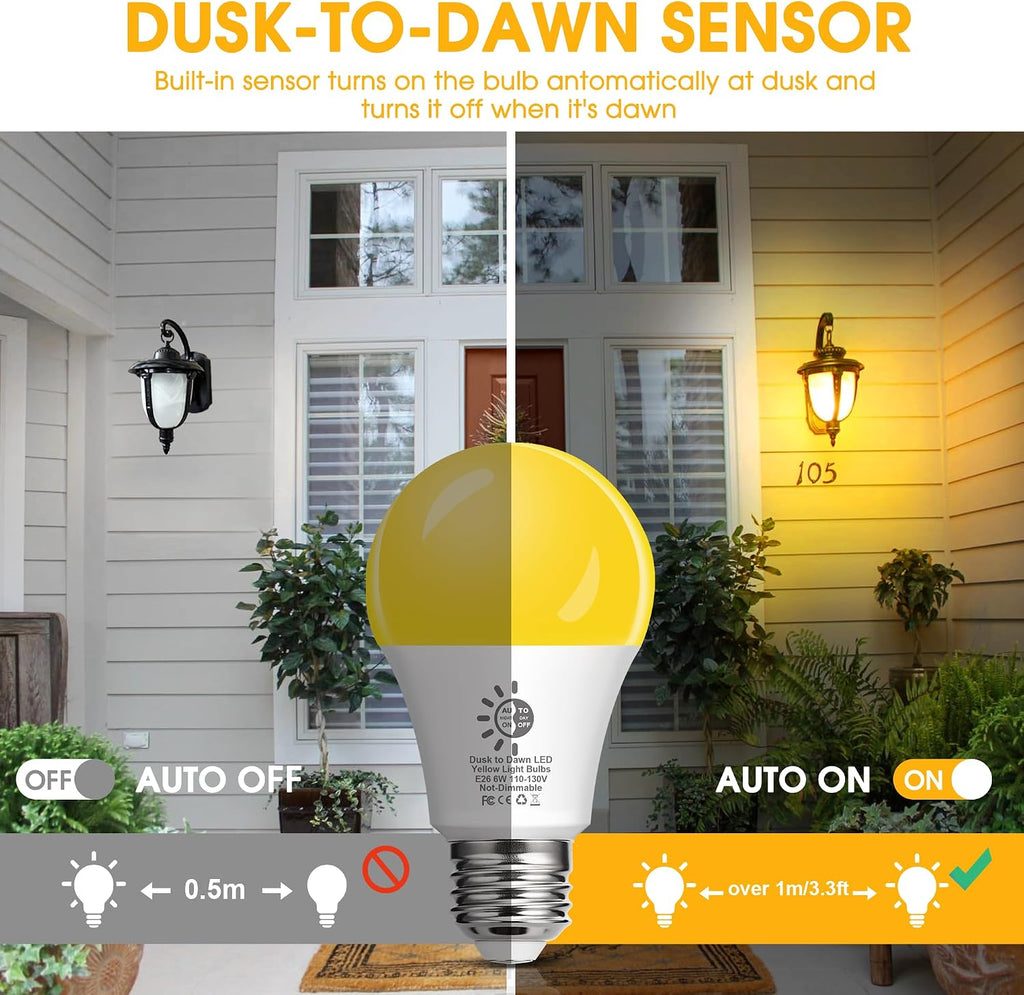 Dusk to Dawn Bug Light Bulbs Outdoor, 6W LED Yellow Bulb for Porch