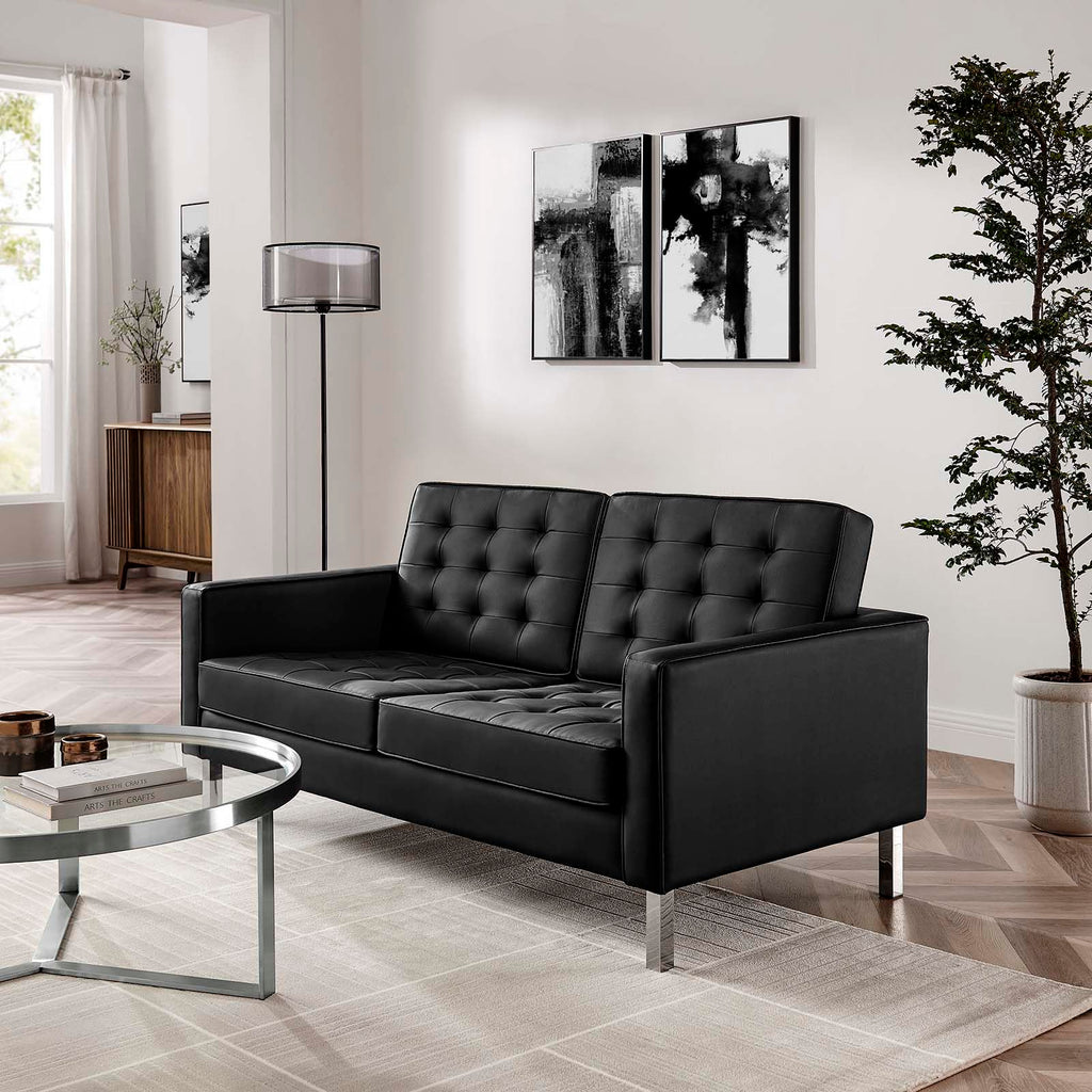 Loft Tufted Button Faux Leather Upholstered Loveseat in Silver Black