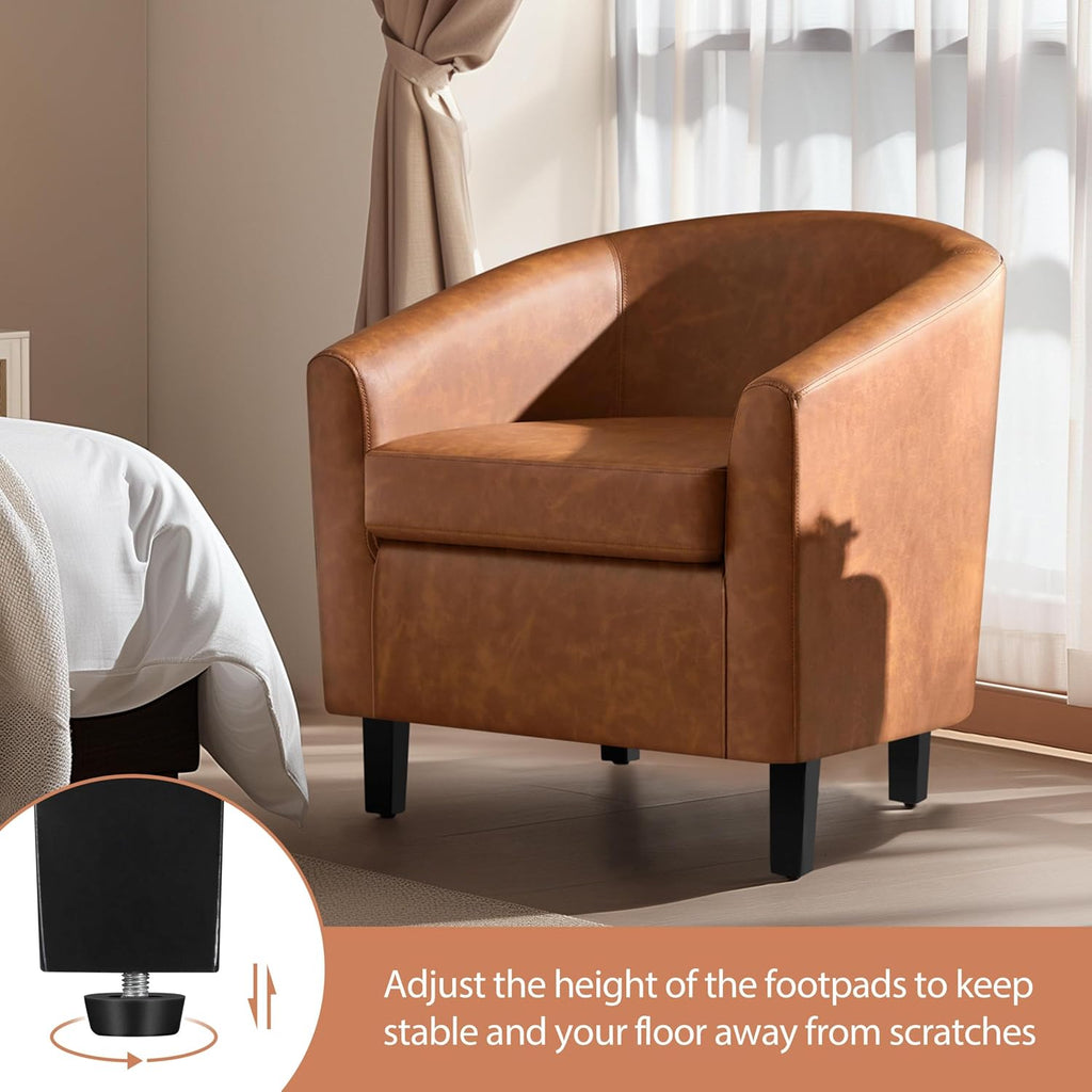 Accent Chairs, Faux Leather Barrel Armchairs Brown - Set of 2