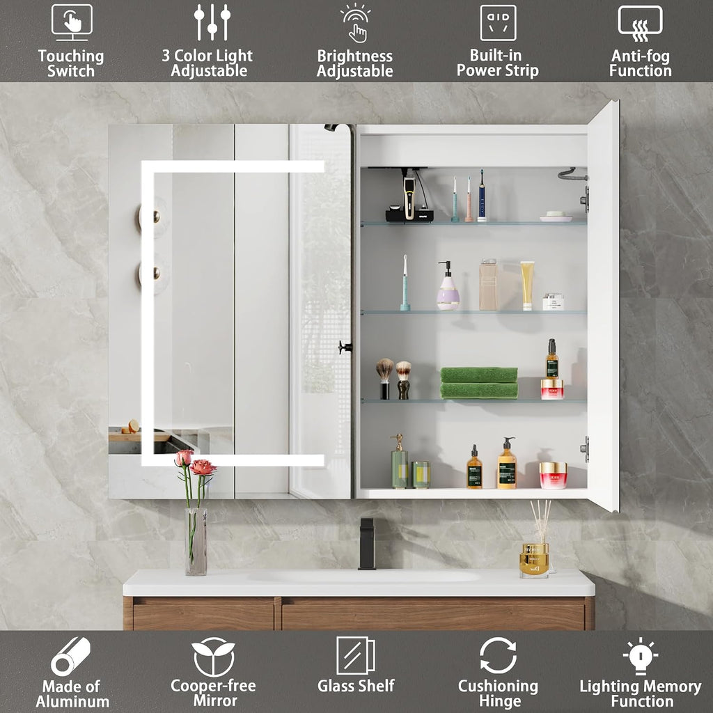 LED Medicine Cabinet with Mirror , Assembly-Free Lighted Medicine Cabinet, Defog, Stepless Dimming, 3 Colors, 2