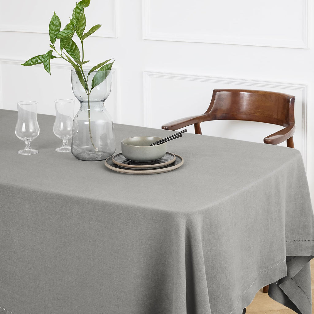 Hemstitch 100% Linen Tablecloth 70 x 132 In, Grey