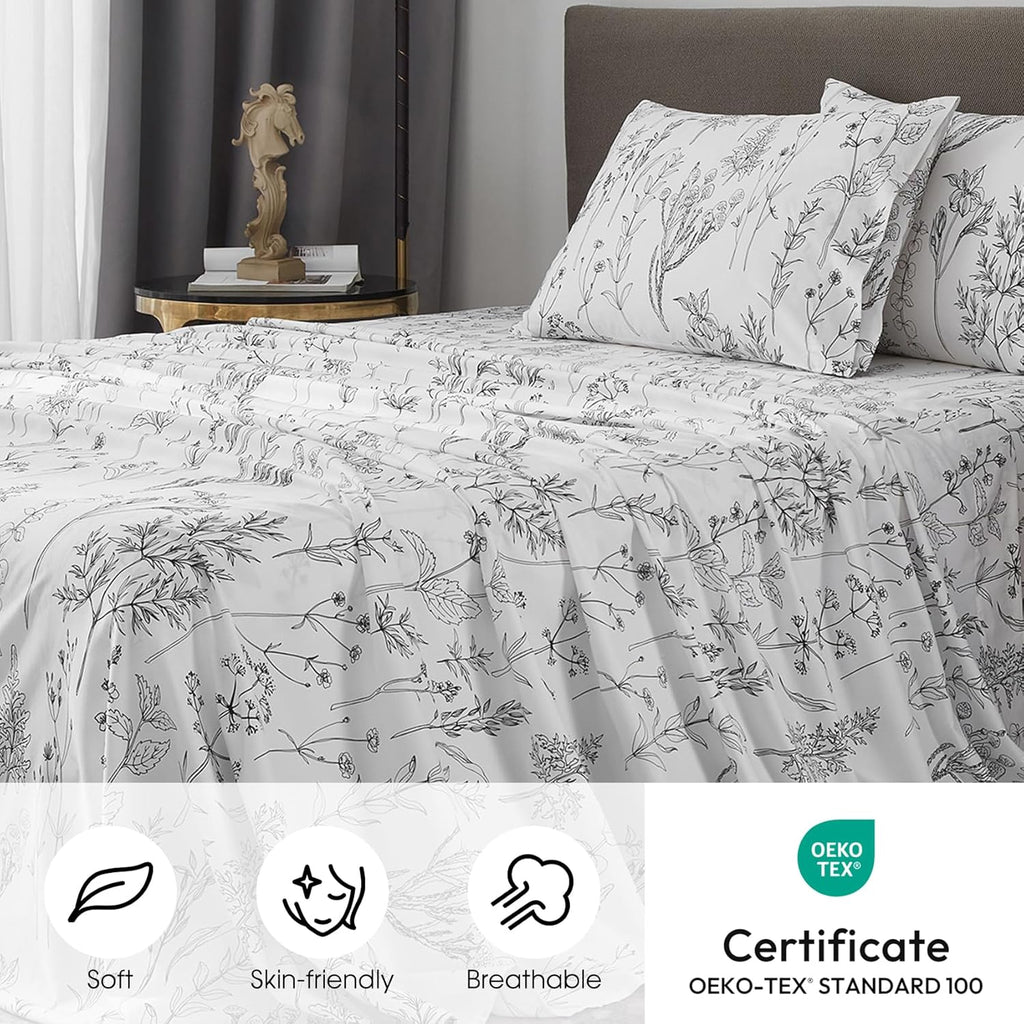 Floral Bed Sheets King, 18 inches Deep Pocket Sheets 1800 Thread Count, Black and White Leaf Sheet Set Soft