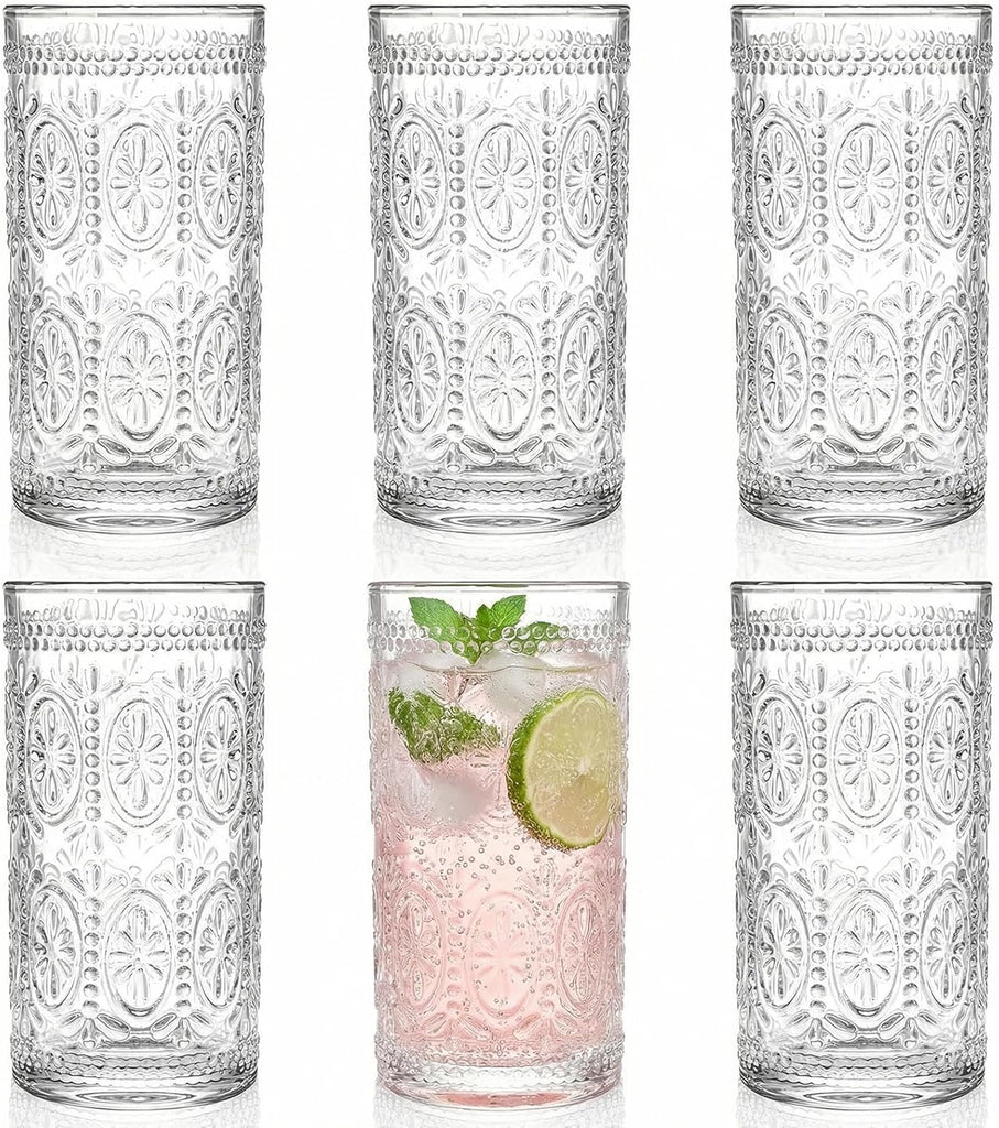 6 Pack Romantic Drinking Glasses, 12 oz Highball Glasses, Thick Water Glasses, Tall Glass Cups for Beverages, Beer