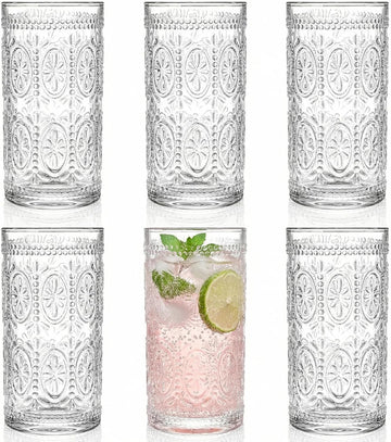 6 Pack Romantic Drinking Glasses, 12 oz Highball Glasses, Thick Water Glasses, Tall Glass Cups for Beverages, Beer