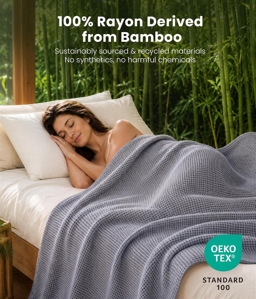 100% Bamboo Rayon Waffle Blanket Twin Size, 60x80 Inch, Blue Gray | Super Soft, Breathable, Lightweight Blanket for