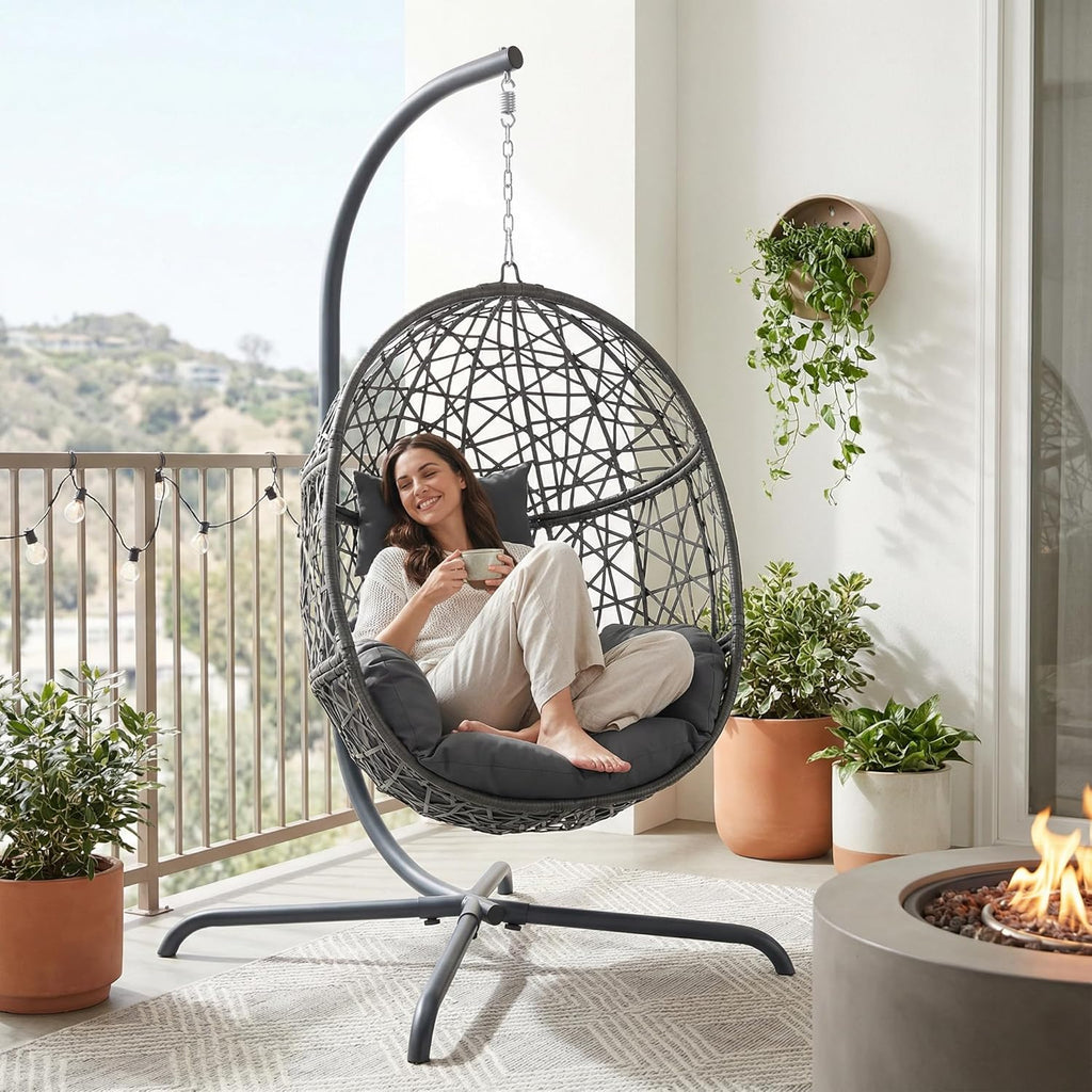 With Stand, Bird Cage Patio Hanging Chair with Cushion, Large Swinging Chairs Indoor Outdoor, All-Weather 350lbs