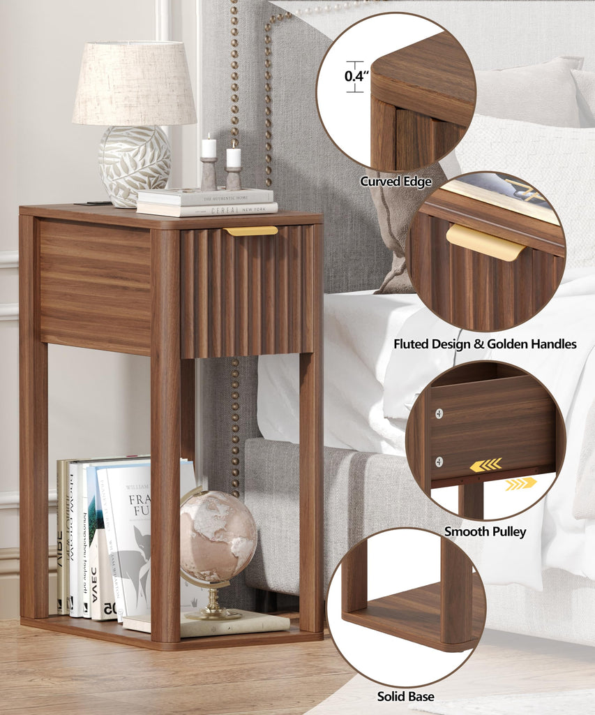 Narrow Nightstand Set 2 with Charging Station Fluted Table Walnut