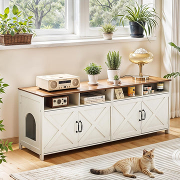 63" Double Cat Litter Box Enclosure for 2 Cats, Hidden Wooden Litter Box Furniture with Power Outlet