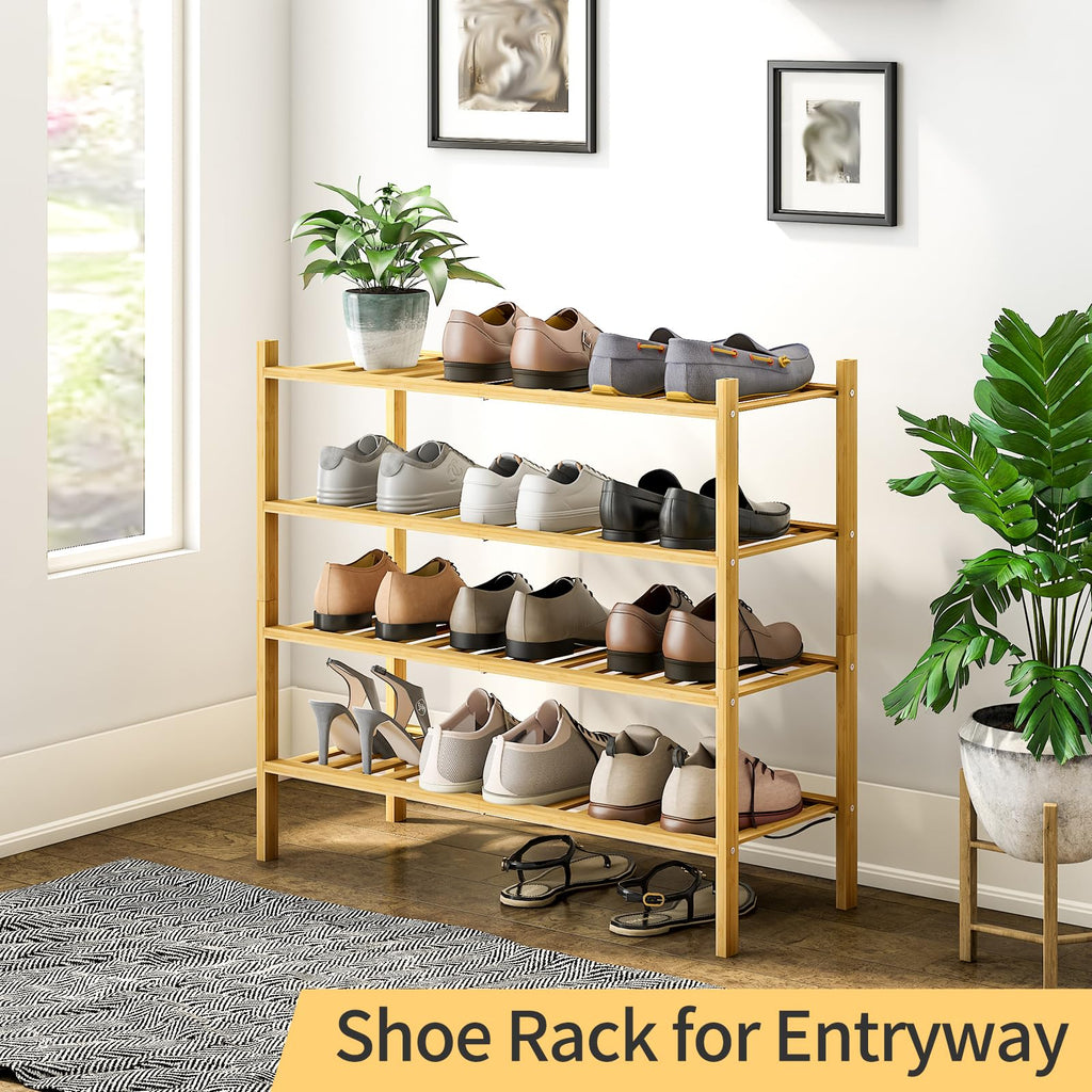 4-Tier Bamboo Shoe Rack, Stackable | Heavy Duty | Multi-Function, Free Standing Shoe Racks Hallway Closet