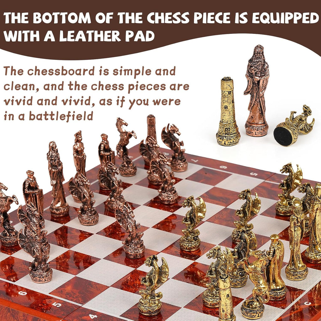 Vintage Figurine Metal Chess Set for Adults and Kids - 15'' Wooden Board with Metal Pieces - Travel Chess Set