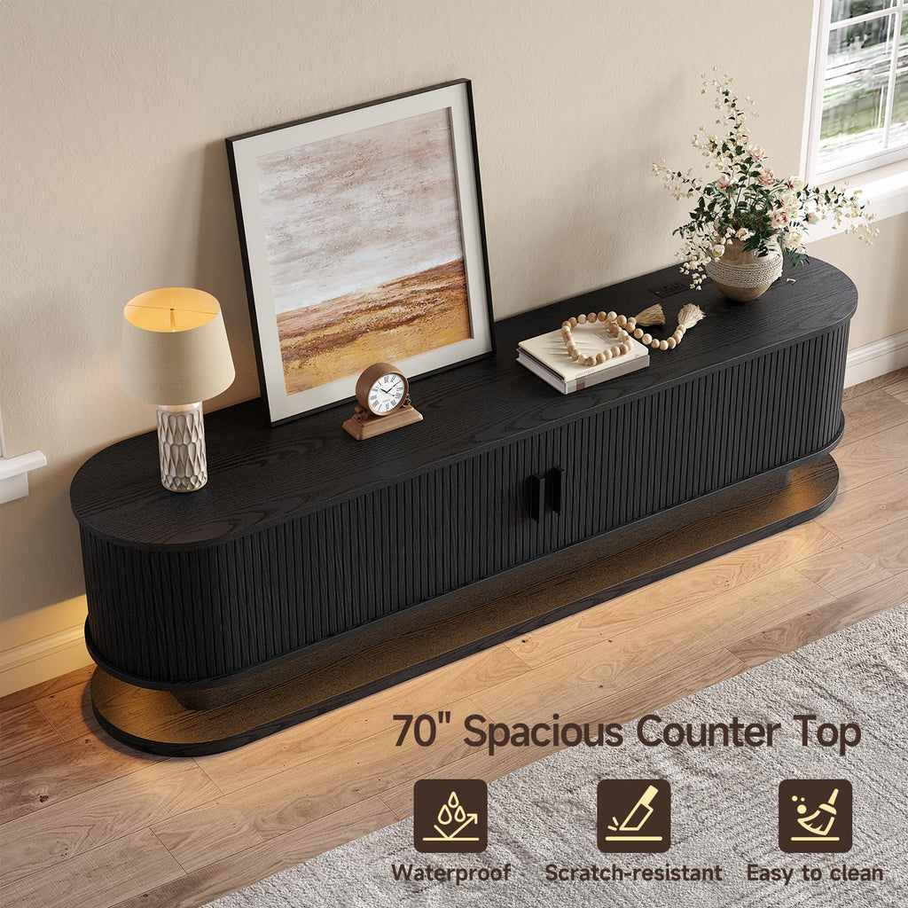 TV Stand with LED Lights and Power Outlet (Black, 70 Inches)