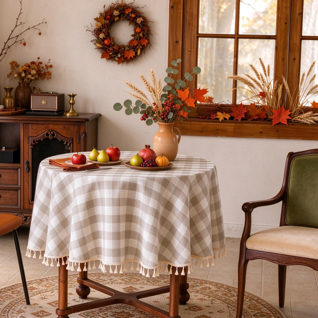 Thanksgiving Gingham Tablecloth Round 60 inch, Outdoor Washable Checkered Plaid Table Cloth Cotton Linen Fabric