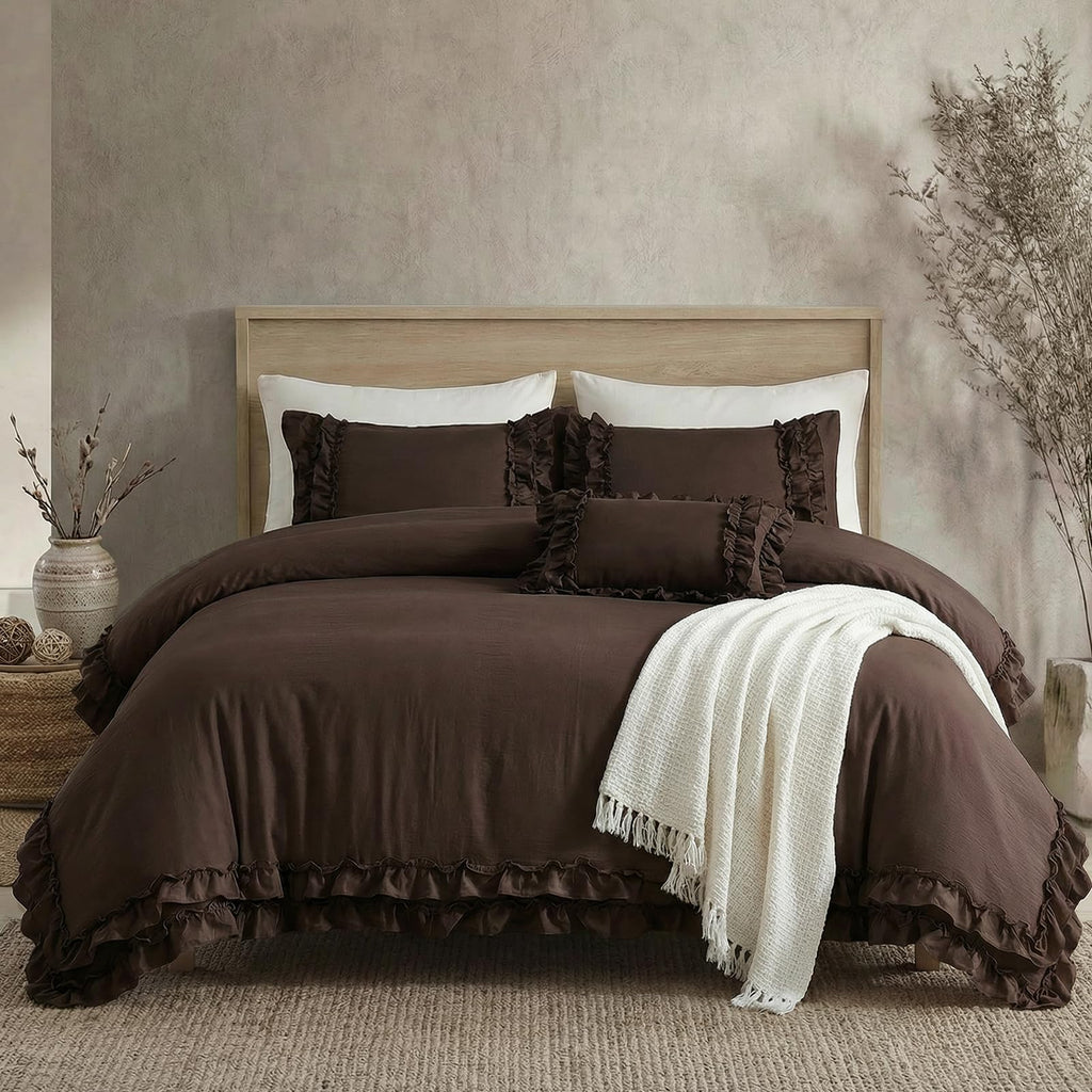 Dark Brown Duvet Cover Set Elegant Ruffled Bedding King Shabby Chic Lace Ruffle Boho Bedroom Decor Vintage Boho Style