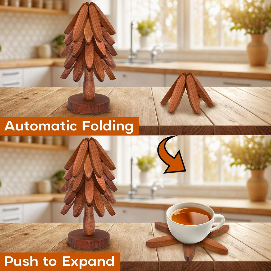 Wooden Trivets for Hot Dishes, Wooden Tree Trivet for Easy Storage - Suited for Hots, Pans, Bowl, Teapot - Set of 5