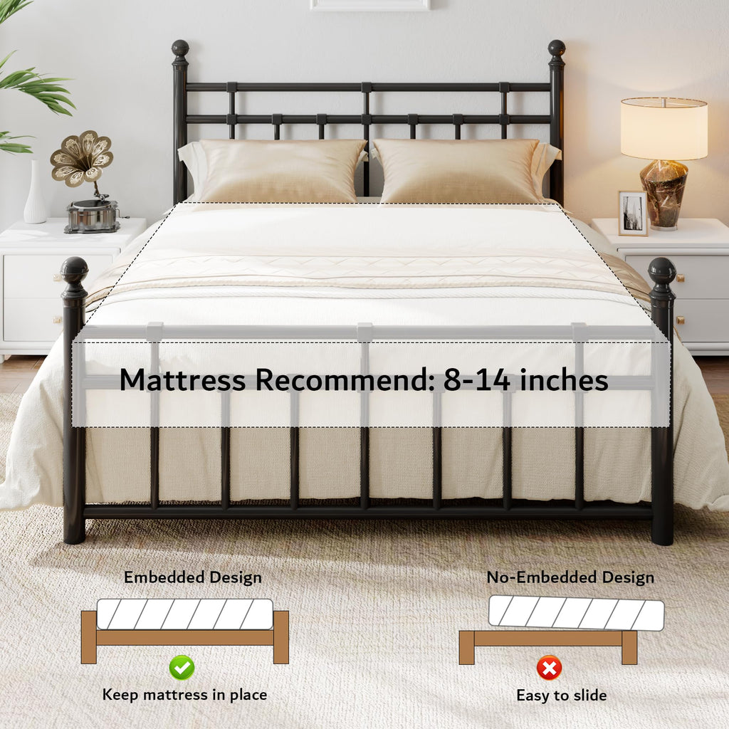 Metal Bed Frame with Vintage Headboard and Footboard, Farmhouse Bed Frame, Under Bed Storage, No Box