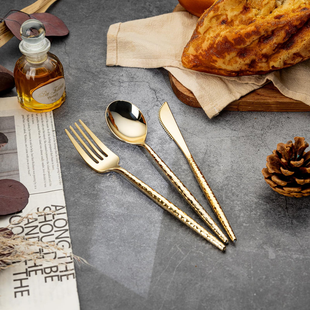 Gold Plastic Silverware, Gold Plastic Utensils, Heavy Duty Silverware, Includes:100 Knives, Forks and Spoons