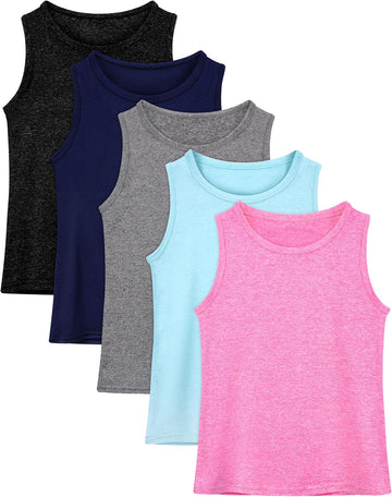 5 Packs Girls Active Dry Fit Athletic Tank Top Performance Tech Sleeveless Shirts for Running Exercise Yoga