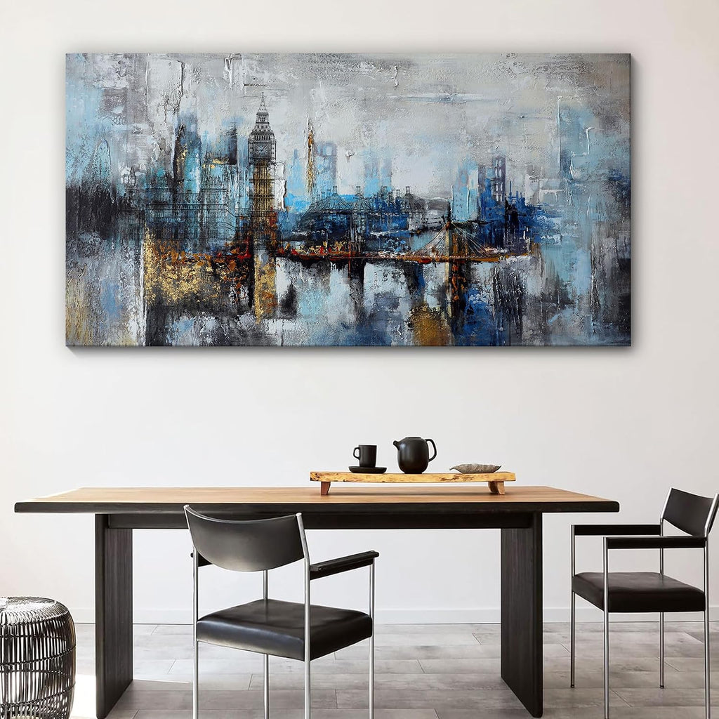 Large Wall Art Abstract City View Canvas Art Modern Home Decor Gray Blue Buildings Prints Wall Art Office Artwork