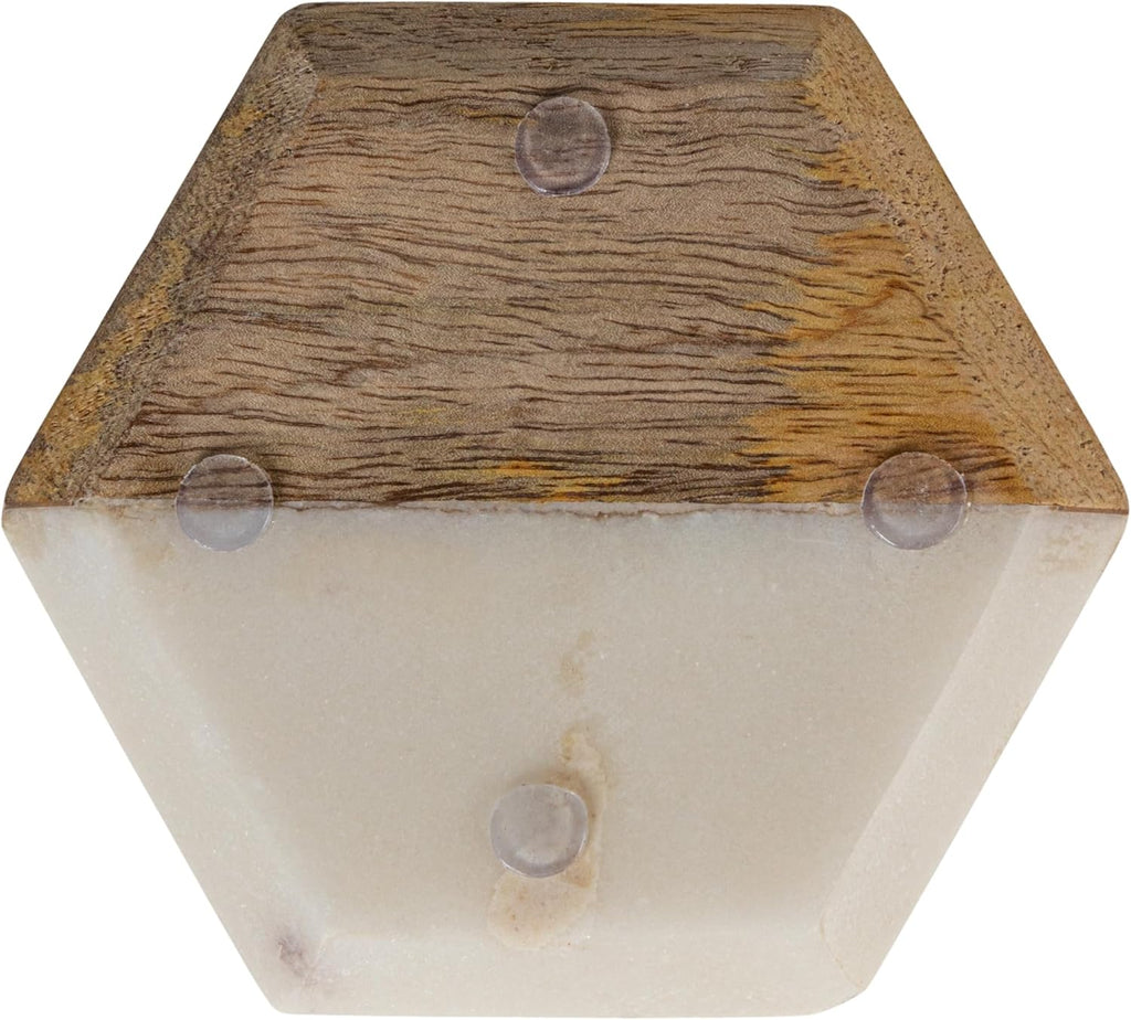 4-Piece Marble and Mango Wood Hexagon Coasters, White and Natural - Set of 4