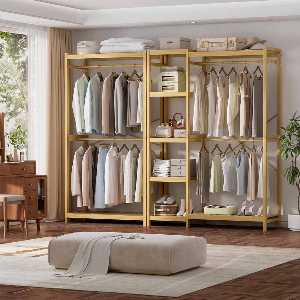 Bamboo Clothing Rack with Shelves, 33.5" Wide Clothes Rack, 78.8" H