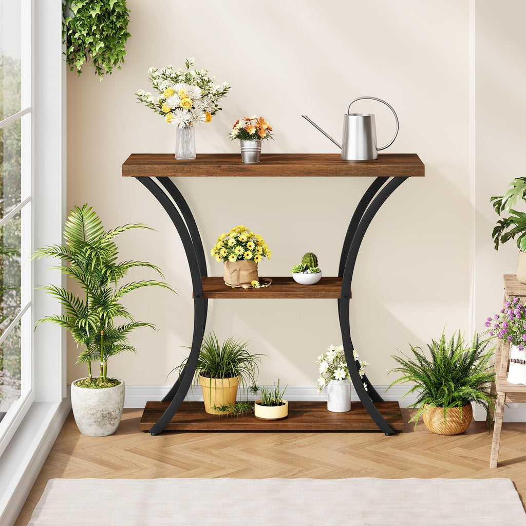 3 Tier Console Table with Open Wood Shelves, Decorative Entryway Table with Curved Metal Frames, Narrow Sofa Table