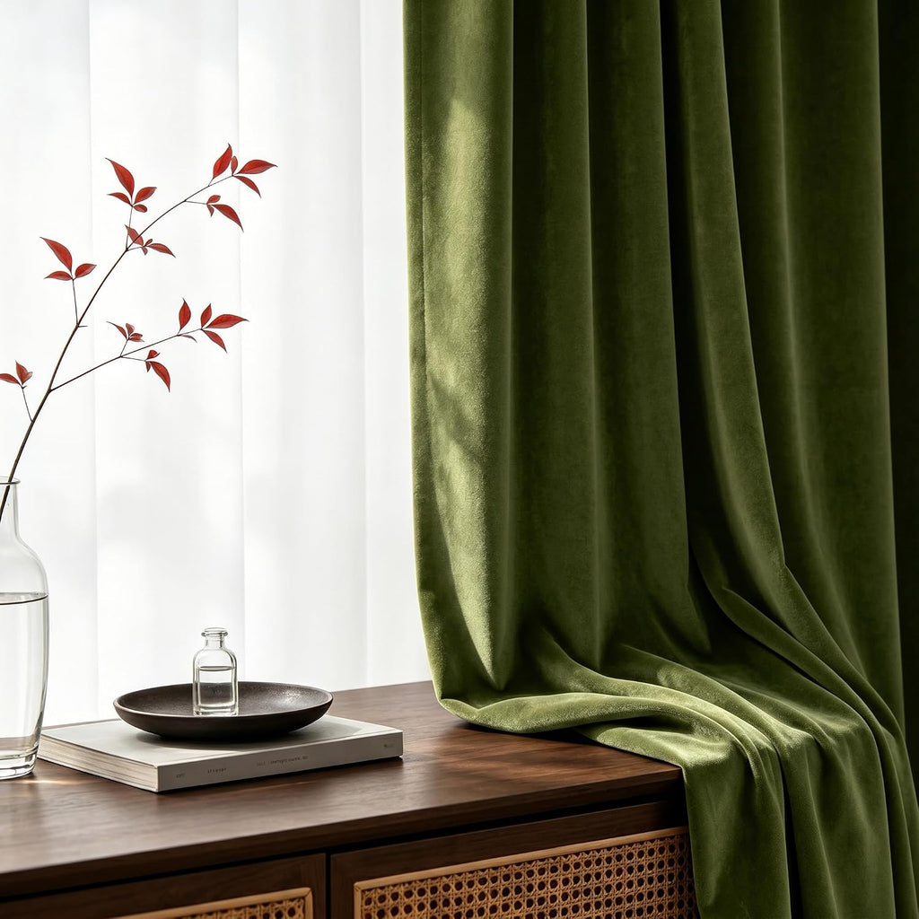 Olive Green Velvet Curtains for Bedroom Window, Super Soft Vintage Luxury Heavy Drapes, Room Darkening Rod Pocket