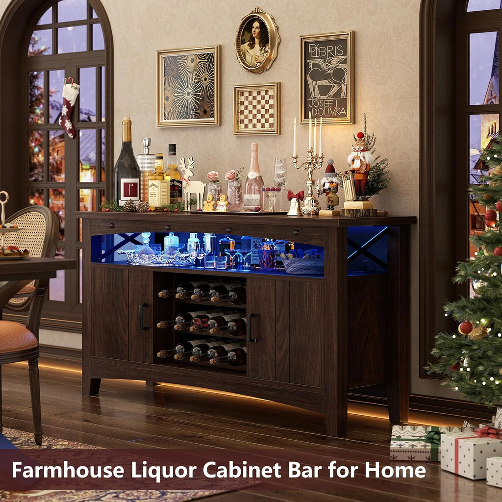 Farmhouse Coffee Bar Cabinet, Liquor Cabinet Bar , Wine Bar Cabinet with LED Lights and Outlets,Wine Cabinet with
