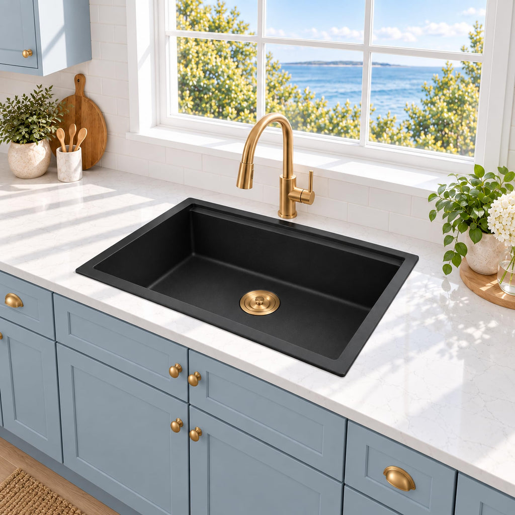 Black Undermount Kitchen Sink 30 Inch, Workstation Granite Sink