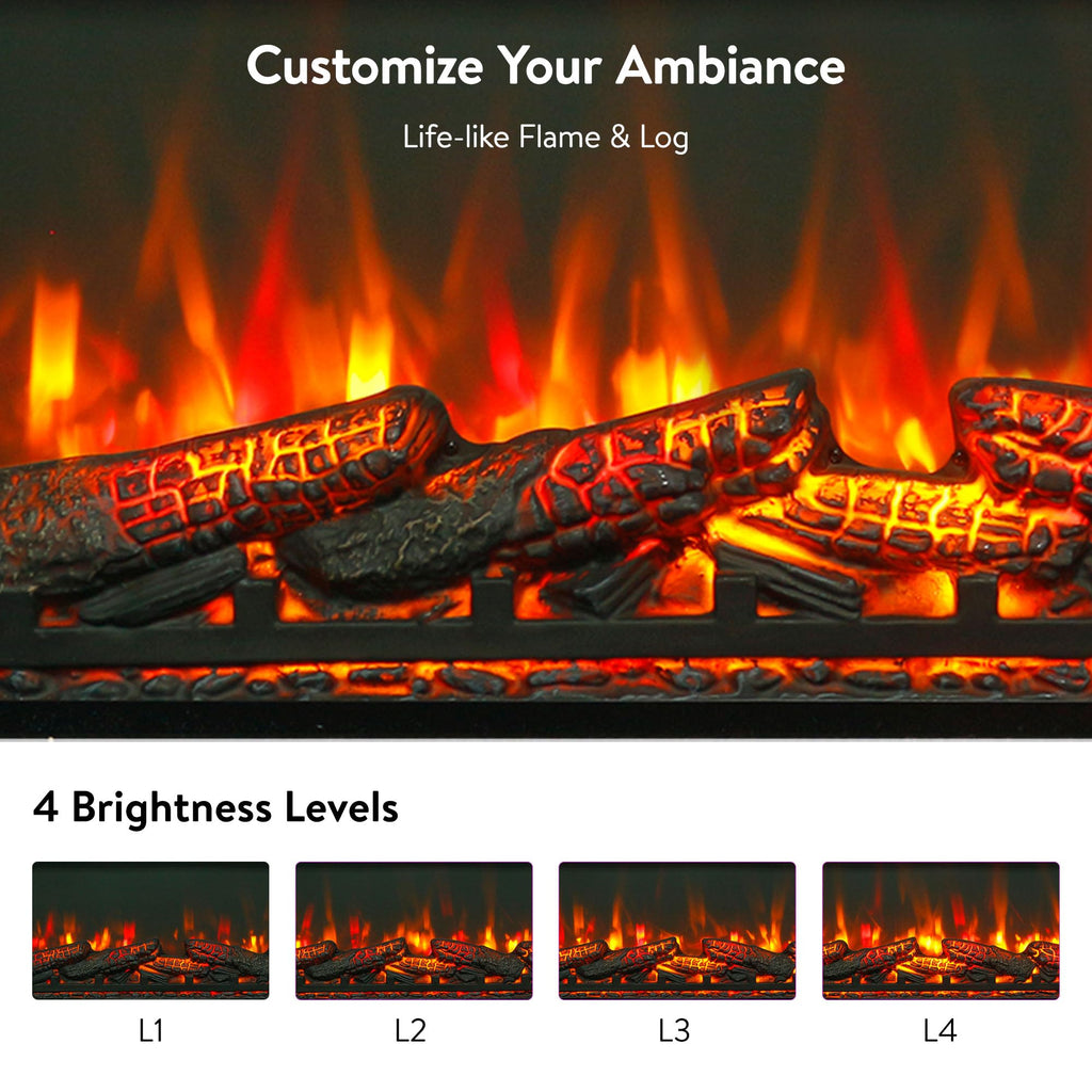 42" Electric Fireplace Insert, Realistic Flame & Log Set, 4-Level Brightness, 1400W Fireplace Heater with Thermostat