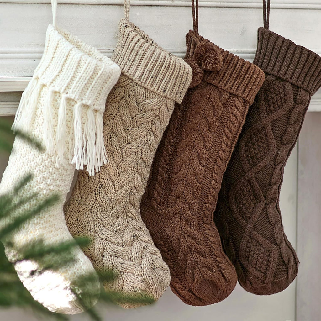 Farmhouse Knitted Personalised Christmas Stockings: 4 Pack 18 Inch Rustic Neutral Cable Knit Fireplace Stockings - Set of 4