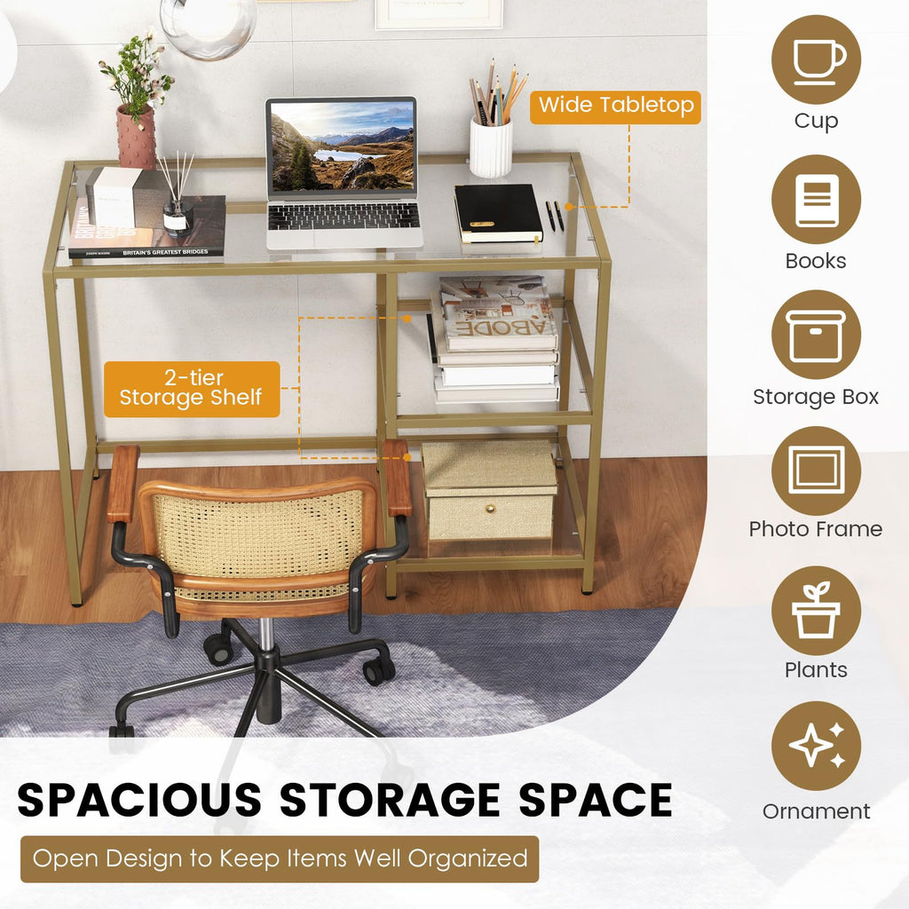Tempered Glass Computer Desk with 2-Tier Storage Shelves, Modern Computer Workstation, Vanity Makeup Table, Sturdy