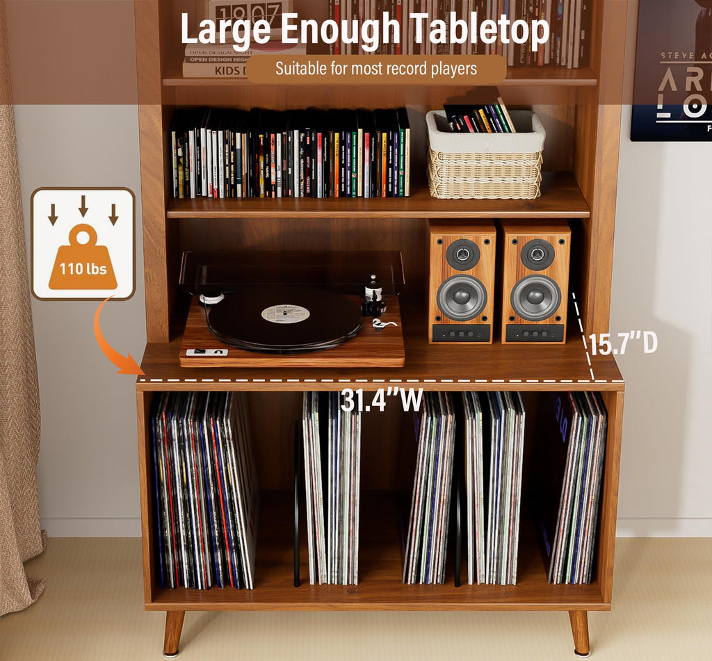 Arched Large Record Player Stand, Holds Up 350+ Albums, 31.5''W