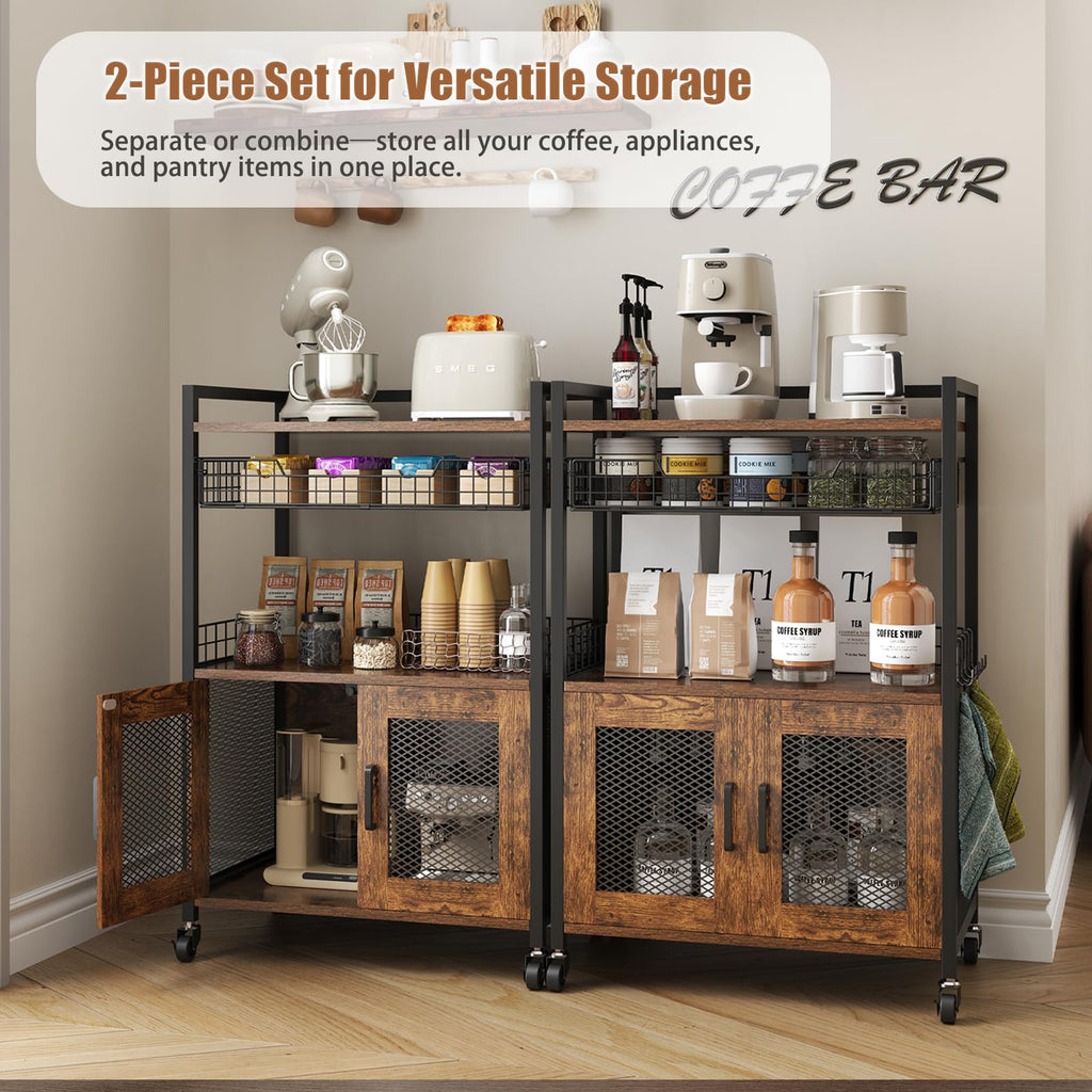 Coffee Bar Cabinet, 3 Tier Coffee Station Table on Wheels, 35.9" H Bar Cart with Wire Basket Drawer & 5 Hooks