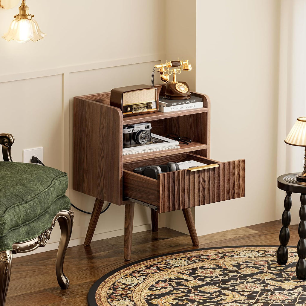 Nightstand with Charging Station, USB-C Port, Fluted Night Stand with Drawer, Bed Side Table with Solid Wood Feet