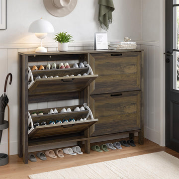 Large Shoe Cabinet, 9.2" Slim Shoe Storage Cabinet with 4 Flip Drawers, Freestanding Hidden Wooden Shoe Rack