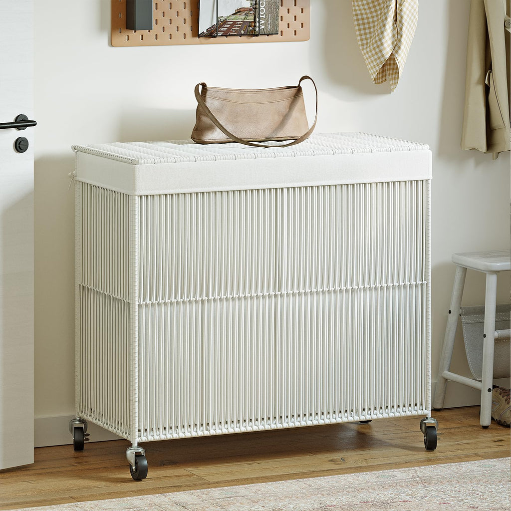 Laundry Basket 3 Section, Handwoven Laundry Hamper with Wheels