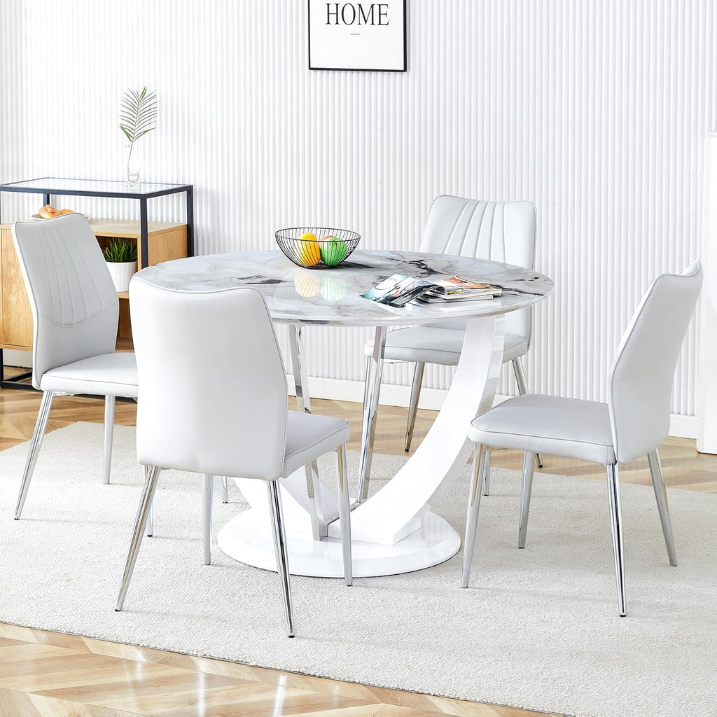 47" Round Dining Table for 4-6, White Faux Marble Kitchen Table with Wood Pedestal, Modern Circle Dinner Tables for