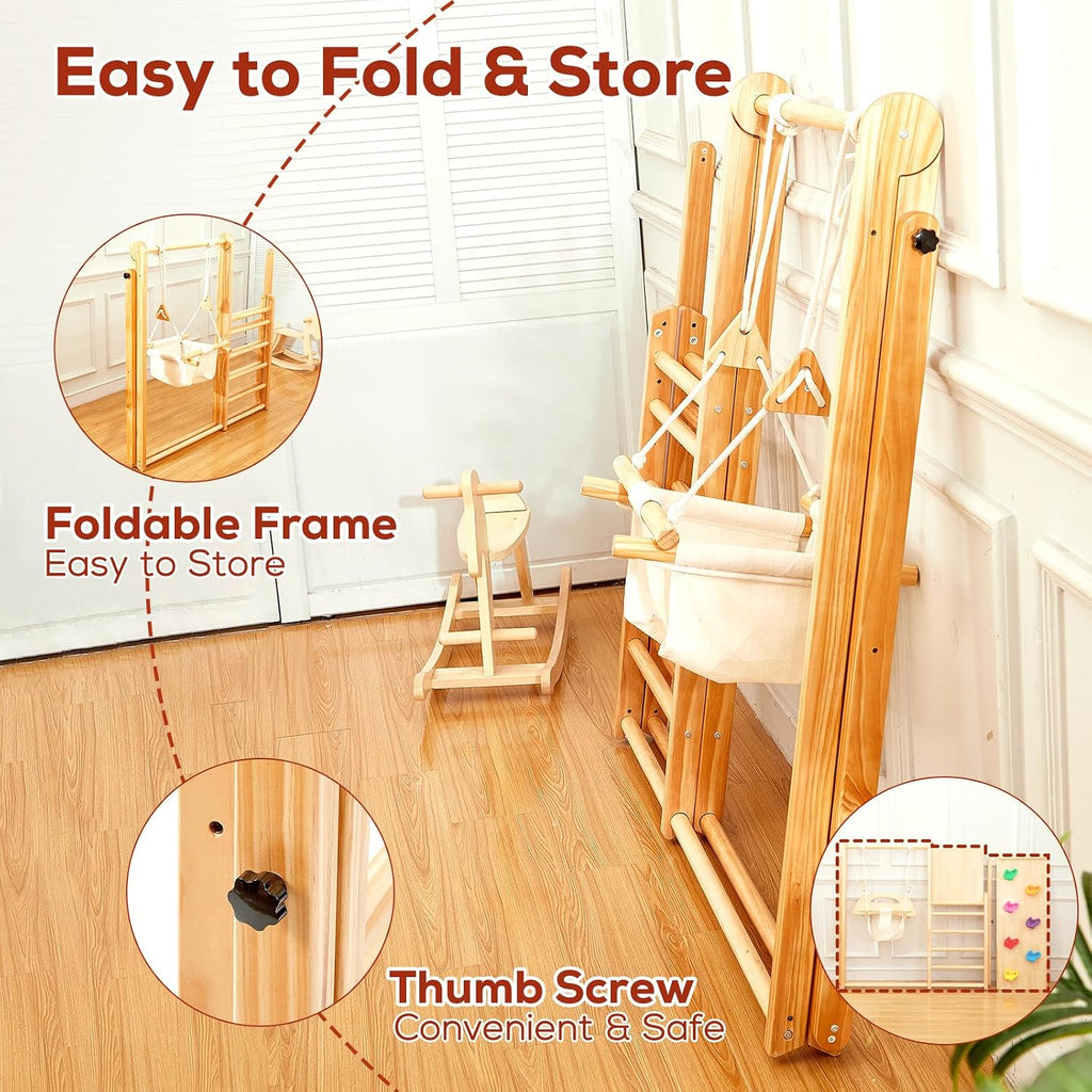 In-1 Wooden Toddler Swing and Slide Set, Foldable Montessori Jungle Gym for Toddlers 0.5-5 Years, Indoor Playground