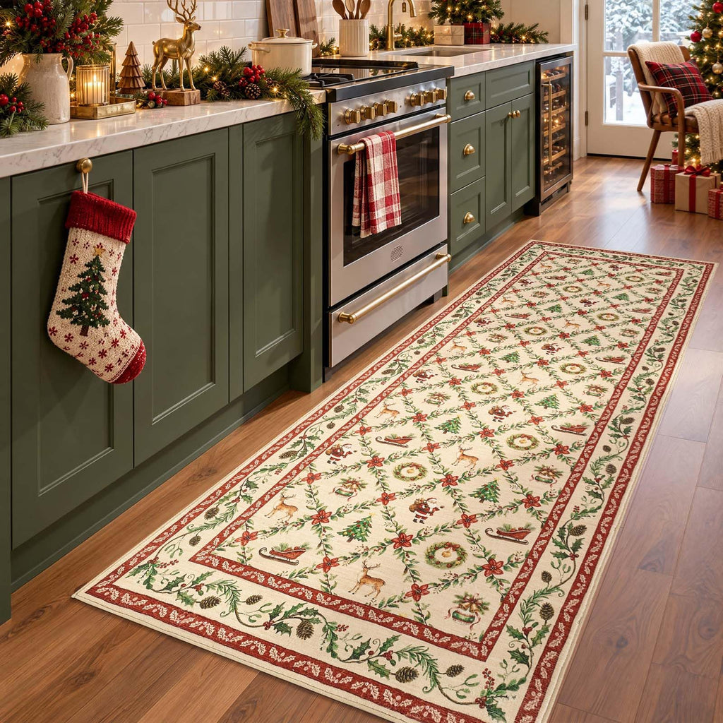 Christmas Runner Rug Santa Washable Non Slip Winter Decor Red